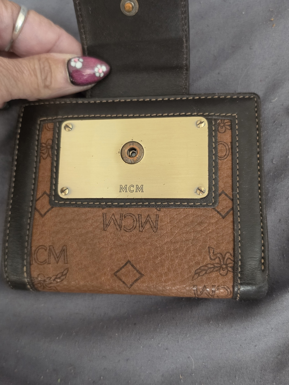 AUTHENTIC MCM Two-Tone Brown Monogram Compact Wallet with Gold Plate - Picture 2 of 11